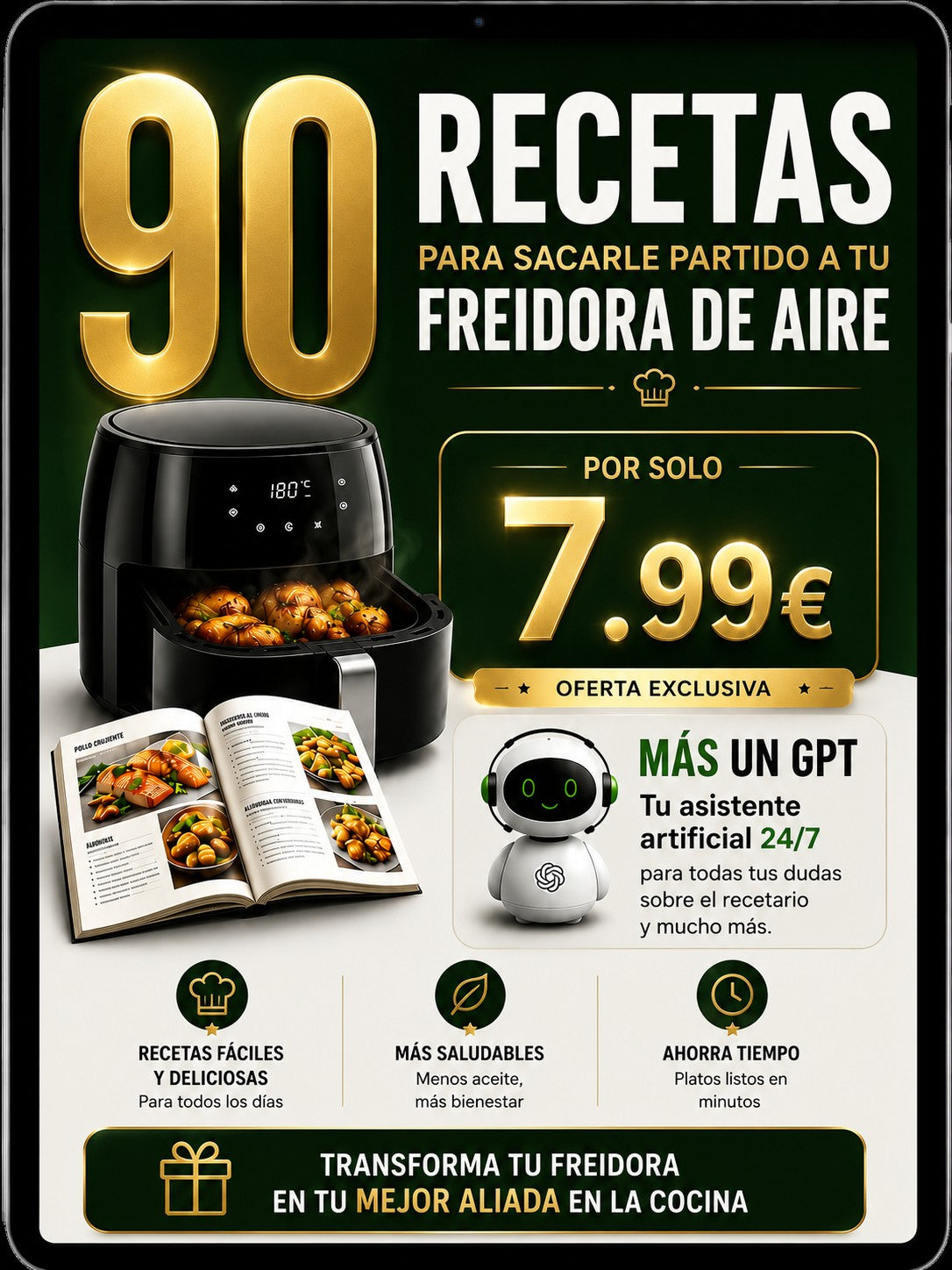 +90 Recetas para Freidora de Aire + Asistente IA 24/7 SÓLO POR HOY 7.99 €