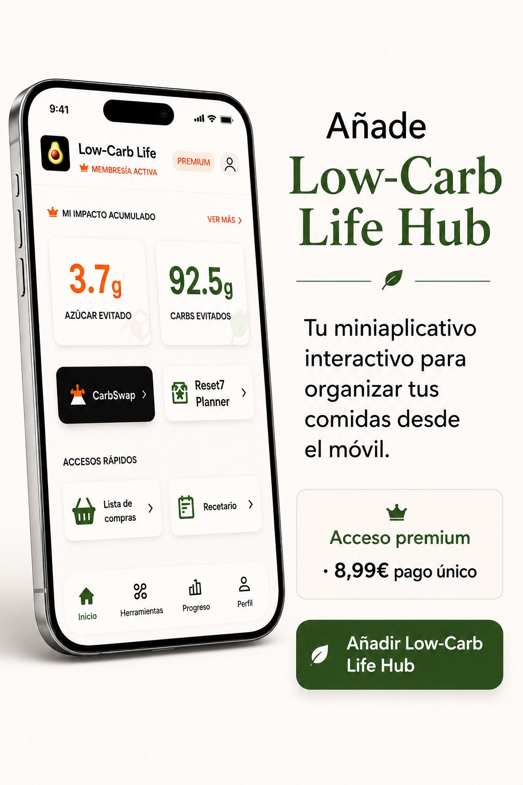 LOW-CARB LIFE HUB - Miniapp premium para organizar tus comidas